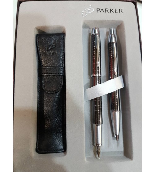 Parker IM Premıum Dolma Kalem Tükenmez Kalem Takımı Parlak Kare Desenli Kahve